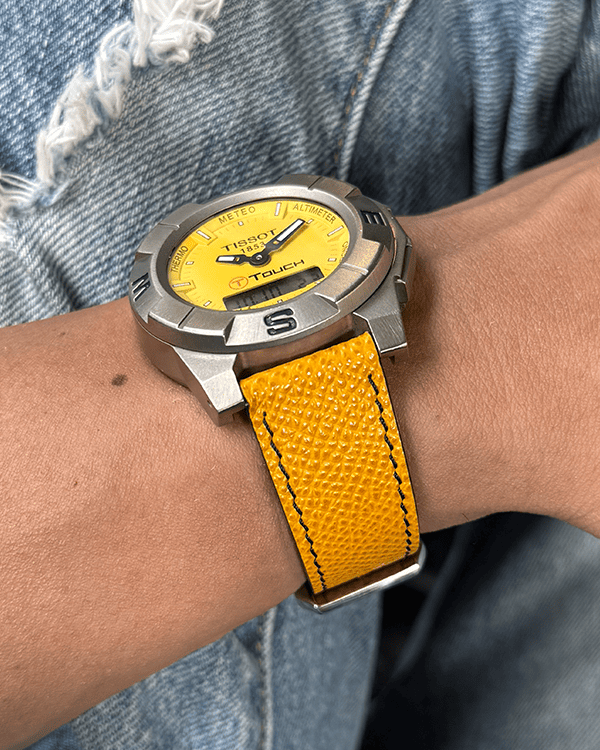 Honeycomb Crunch__Yellow Black Epsom Italian Leather Watch strap