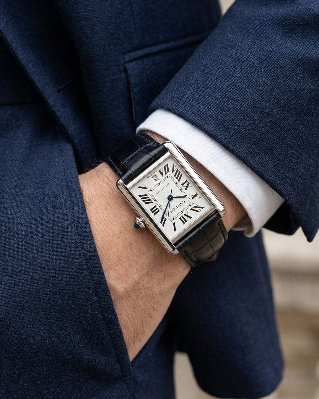 Sharp Tuxedo with Red Lining__Croc Print Italian Leather Watch Strap in black color for Luxury Dress Watches Lug width sizes : 18mm, 19mm, 20mm, 22mm