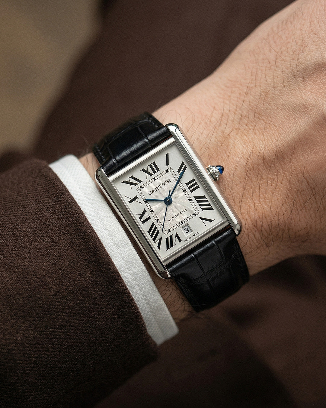 Sharp Tuxedo with Red Lining__Croc Print Italian Leather Watch Strap in black color for Luxury Dress Watches Lug width sizes : 18mm, 19mm, 20mm, 22mm
