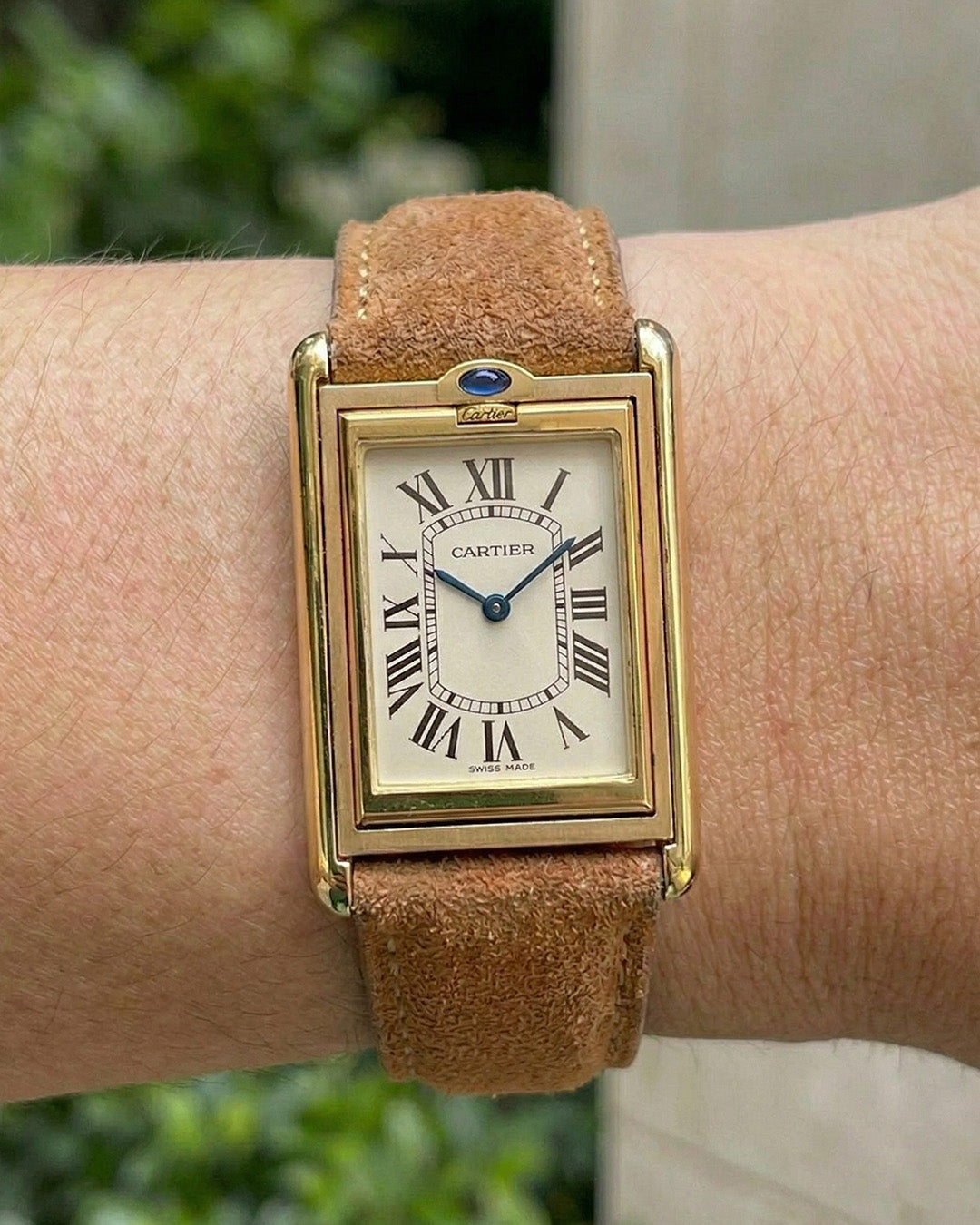 Dusky Dune__Cartier Tank gold with Suede Italian Leather Watch Strap in 18mm, 19mm, 20mm, 21mm, 22mm