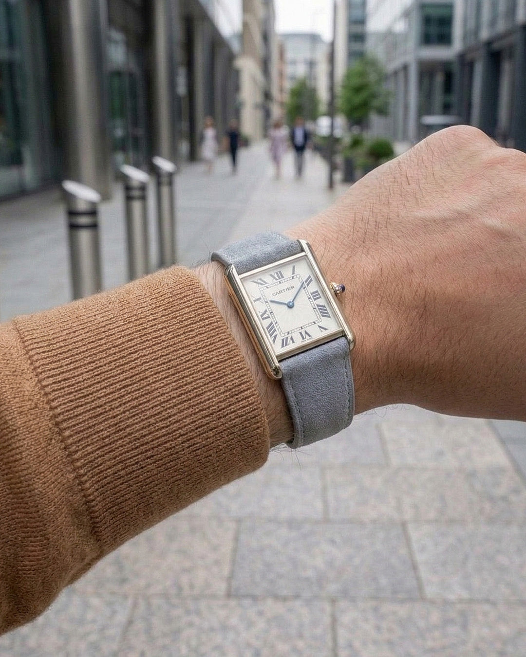 Monsoon Sky__20mm Suede Leather Watch Strap in grey colour for Cartier Tank XL watch