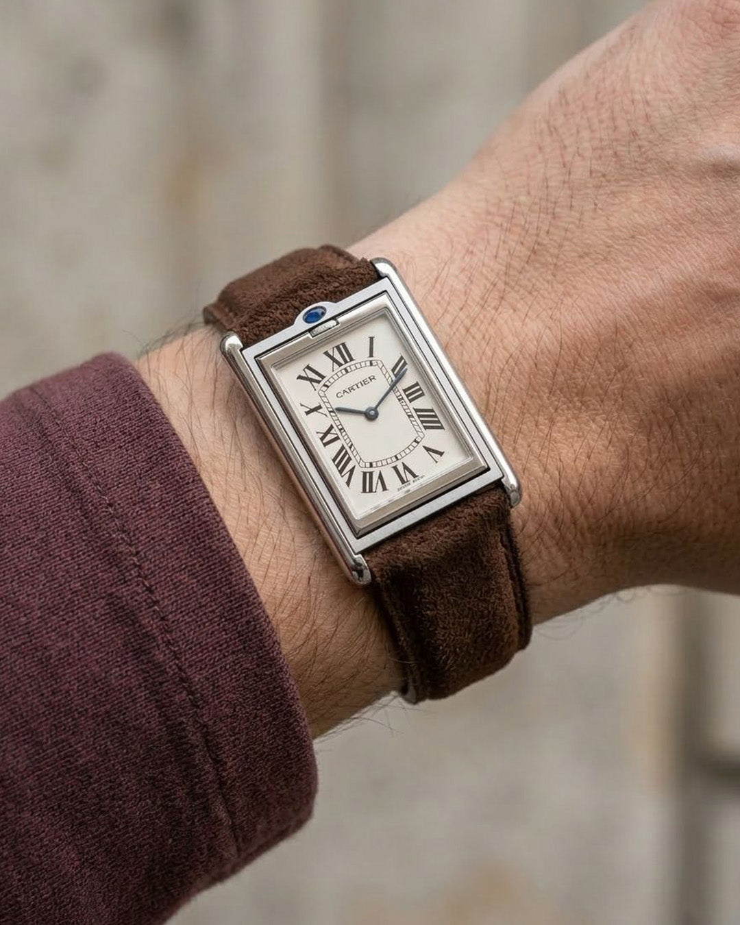 Wet Earth__Premium Leather Watch Strap in brown coloured Goat Suede for Cartier Tank Basculante Steel 22mm