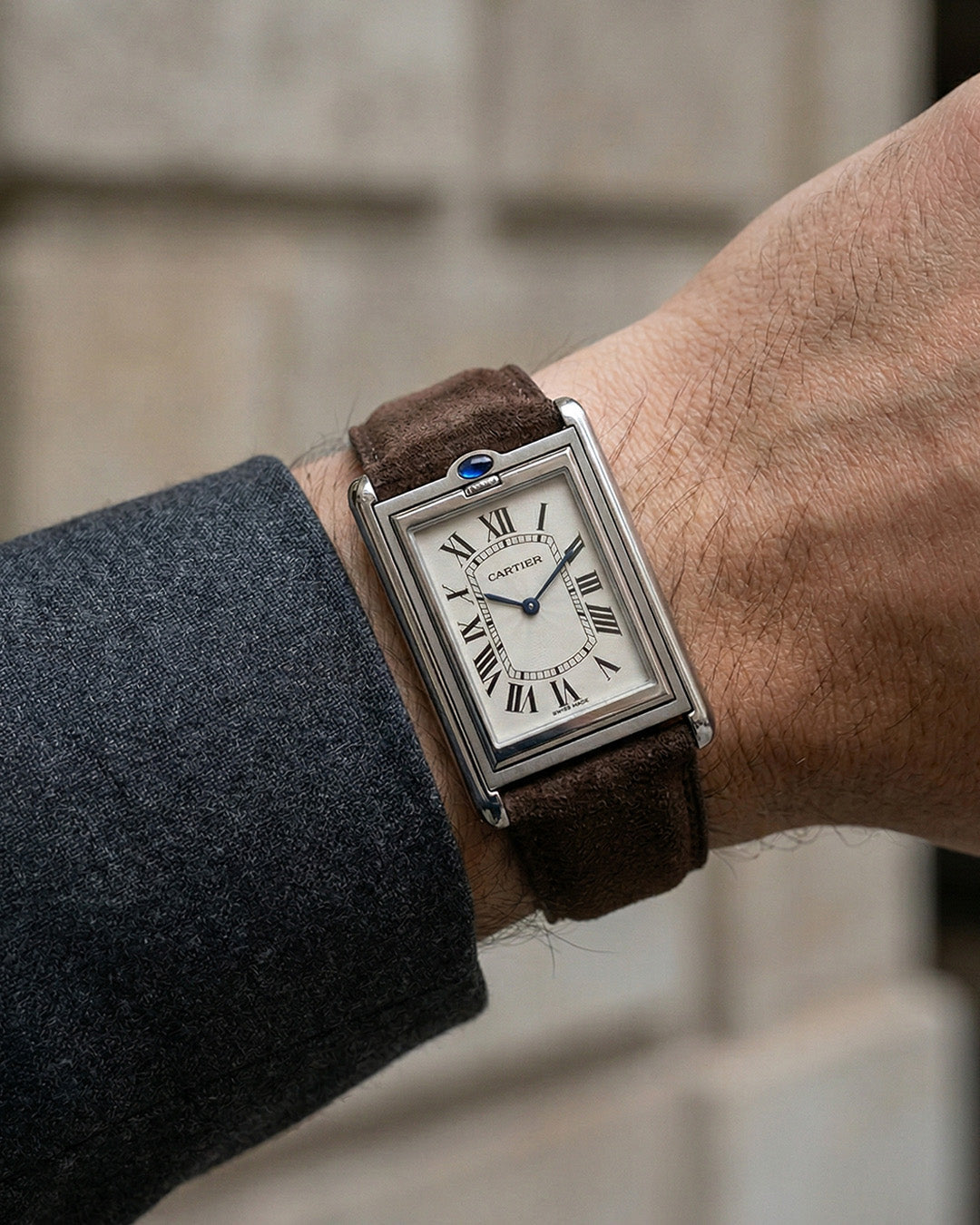Wet Earth__Premium Leather Watch Strap in brown coloured Goat Suede for Cartier Tank Basculante Steel 22mm