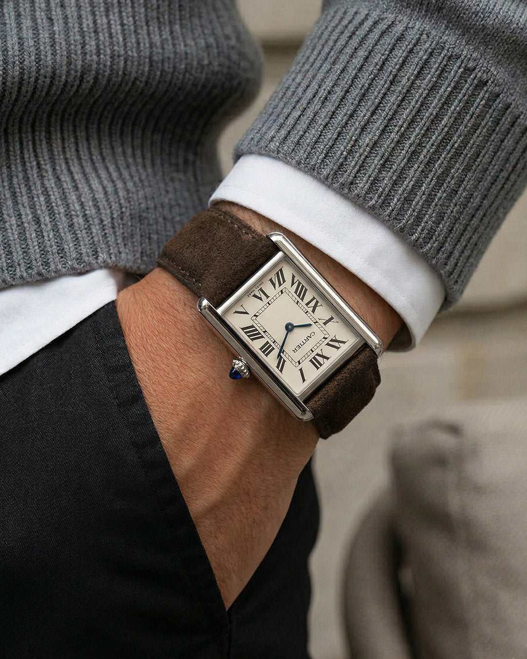 Wet Earth__Premium Leather Watch Strap in brown coloured Goat Suede for Cartier Tank Solo XL