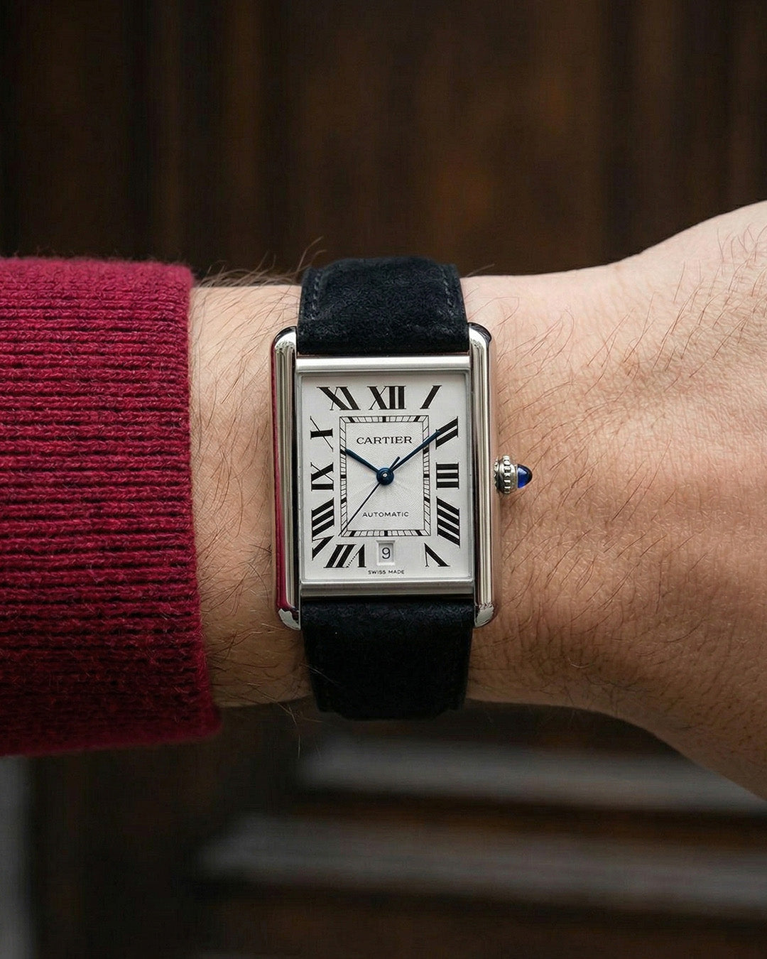 Winter Night__Premium leather Watch Strap in Goat Suede leather Black Colour for Cartier Tank Must watch with Silver SS Finish Buckle
