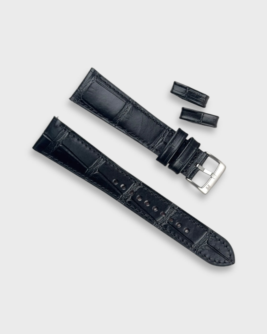 Sharp Tuxedo with Red Lining__Croc Print Italian Leather Watch Strap in black color for Luxury Dress Watches Lug width sizes : 18mm, 19mm, 20mm, 22mm