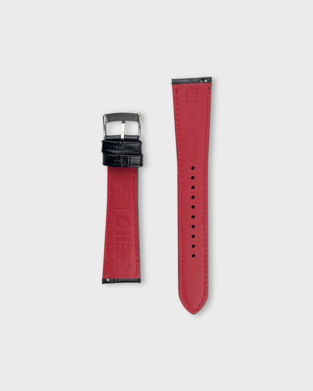 Sharp Tuxedo with Red Lining__Croc Print Italian Leather Watch Strap in black color for Luxury Dress Watches Lug width sizes : 18mm, 19mm, 20mm, 22mm