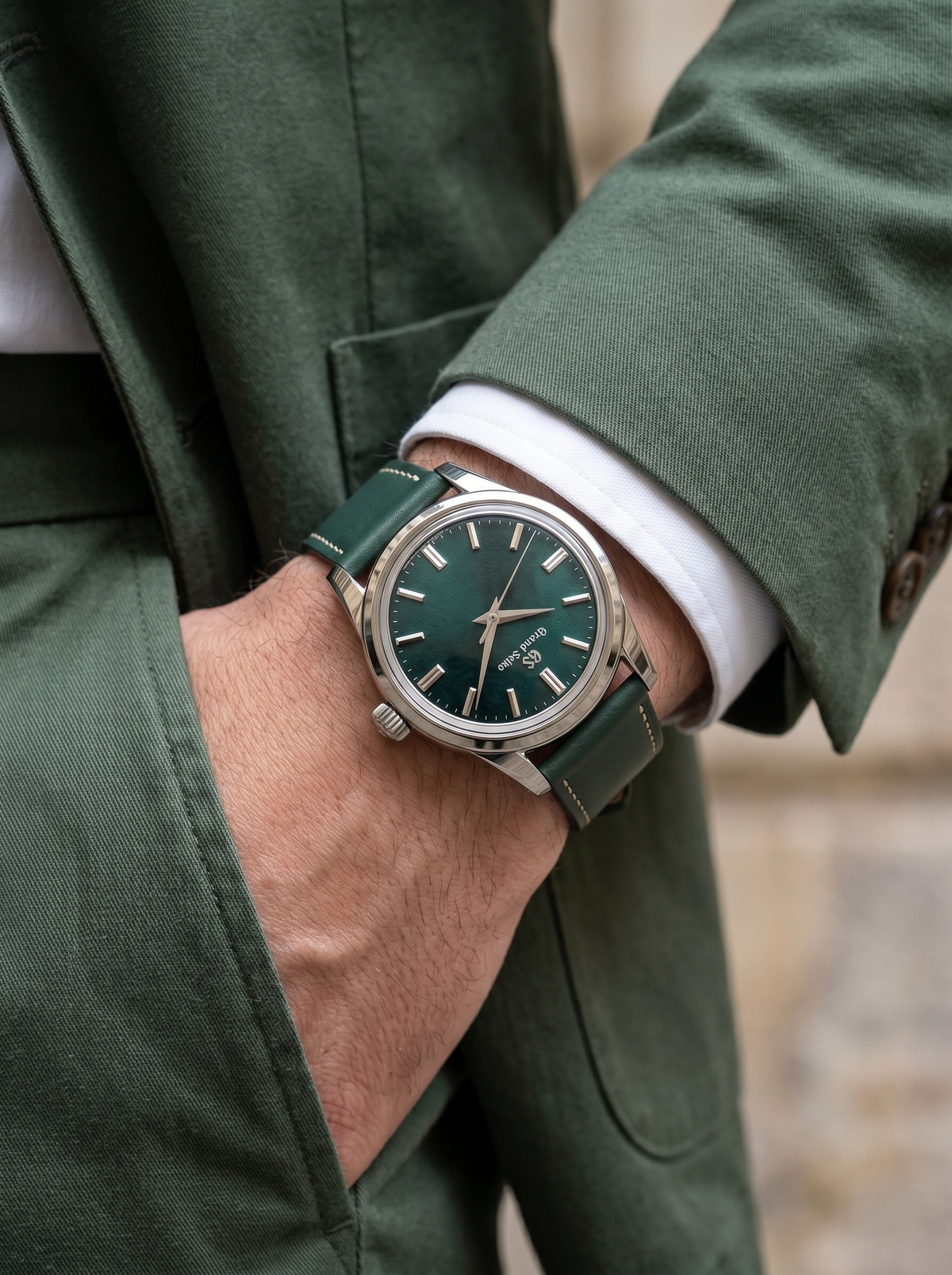 Green full grain Italian leather watch strap on Grand Seiko