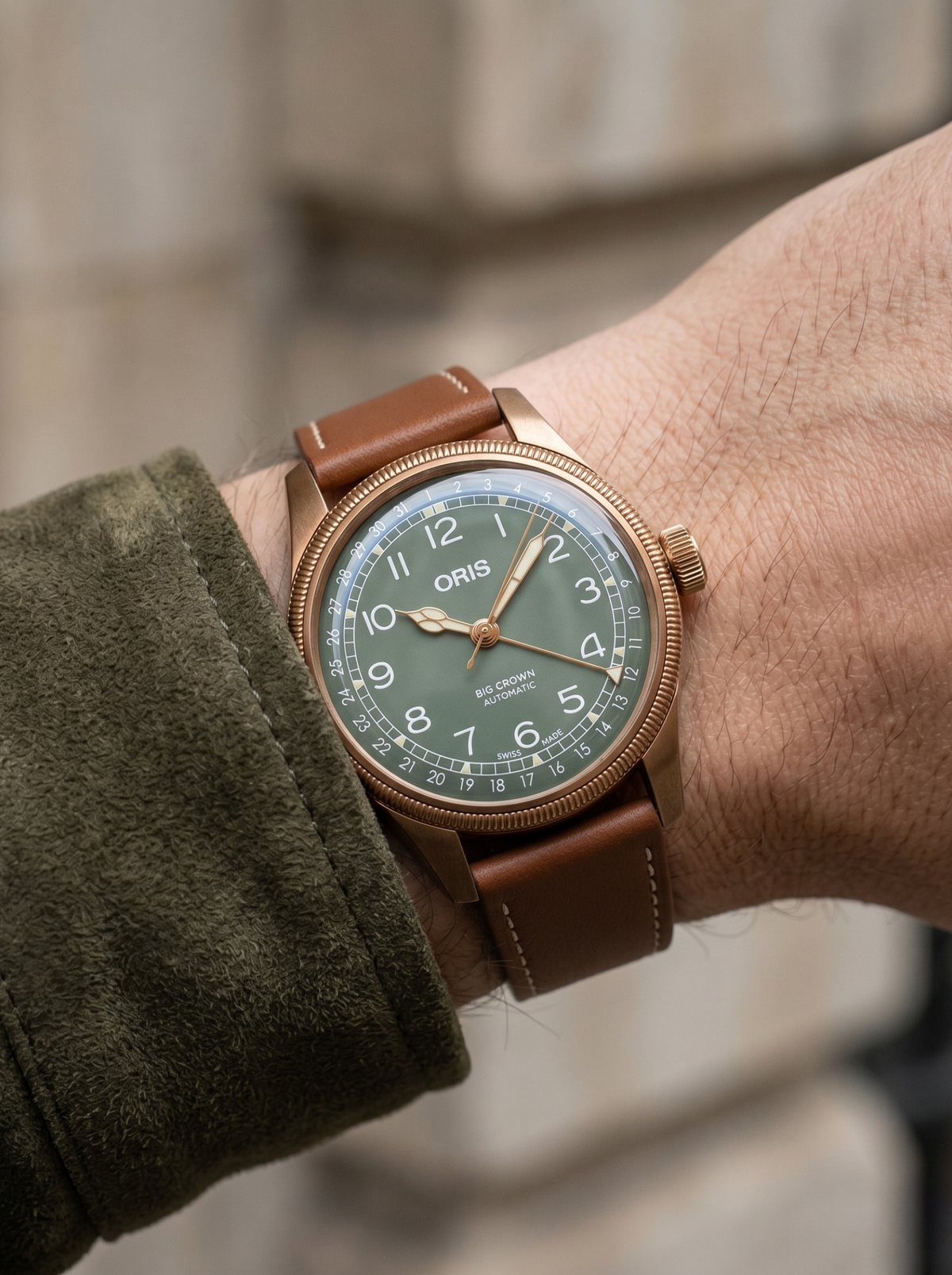 Brown full grain Italian leather watch strap on Oris