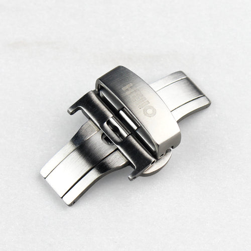 Silver Brushed__Butterfly deployant clasp in brushed silver stainless steel for leather watch straps — HEllO, view 1