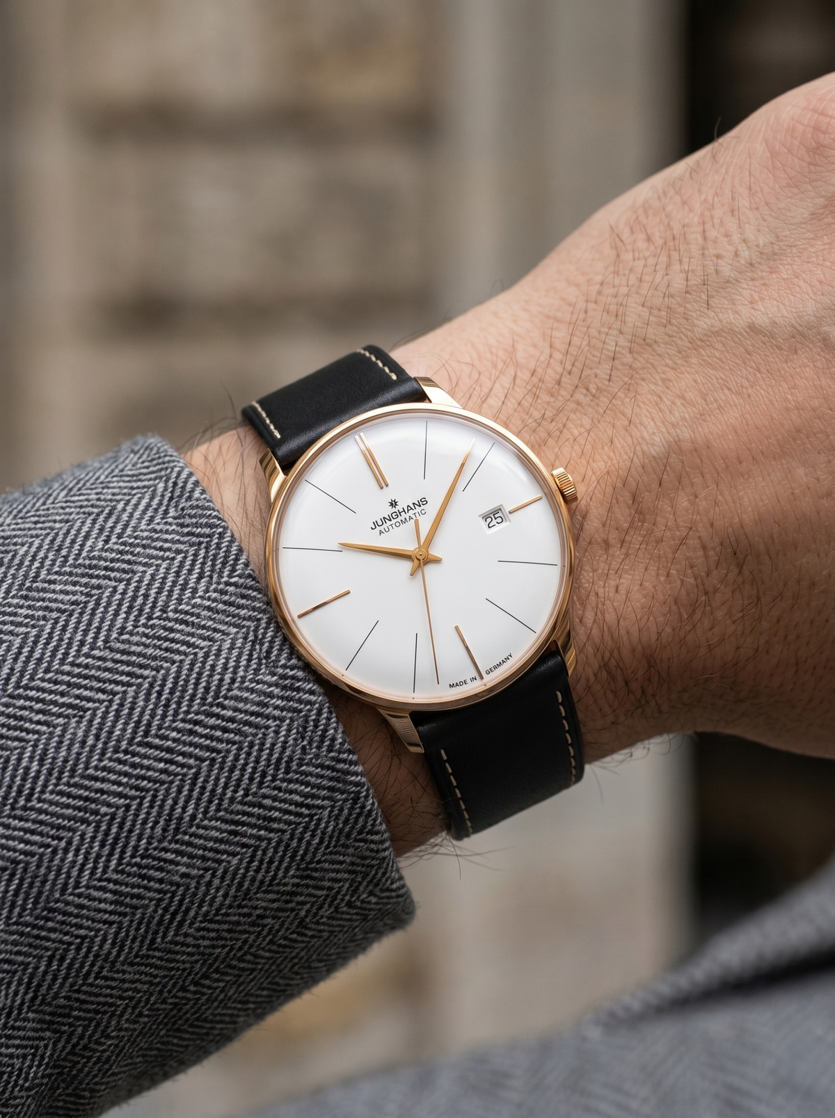Black full grain Italian leather watch strap on Junghans