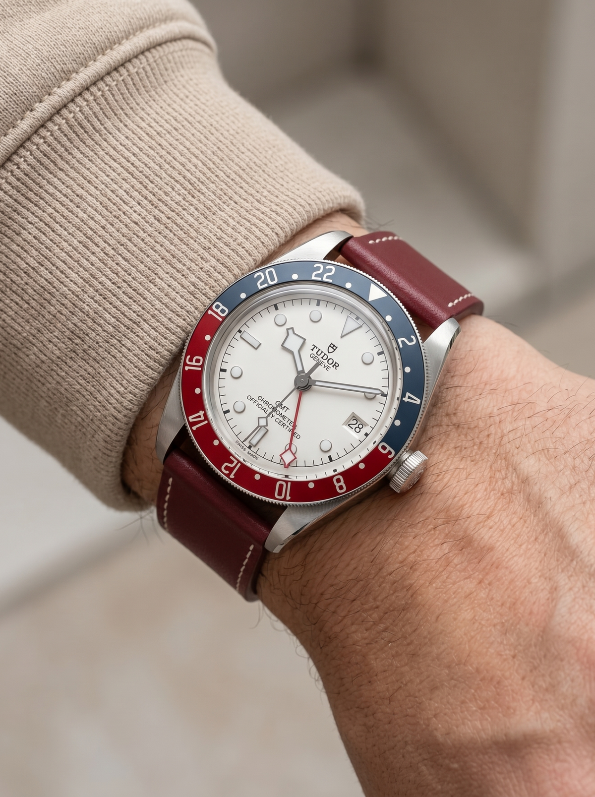 Maroon full grain Italian leather watch strap on Tudor