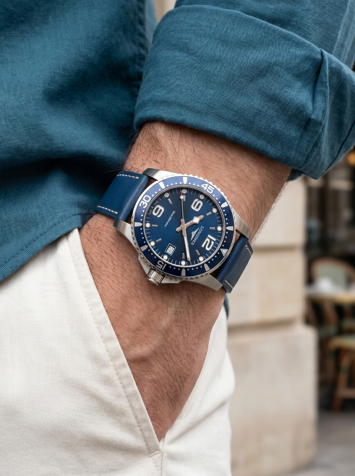 Blue full grain Italian leather watch strap on Longines