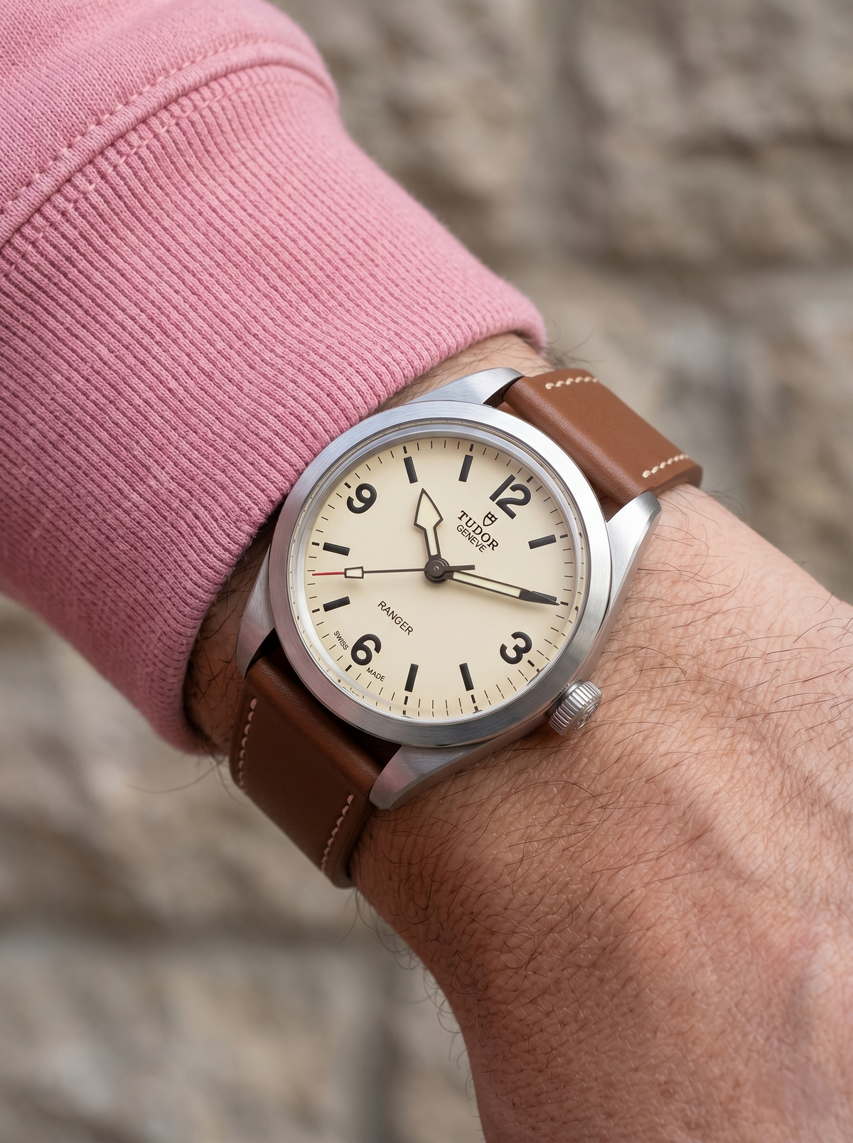Brown full grain Italian leather watch strap on Tudor