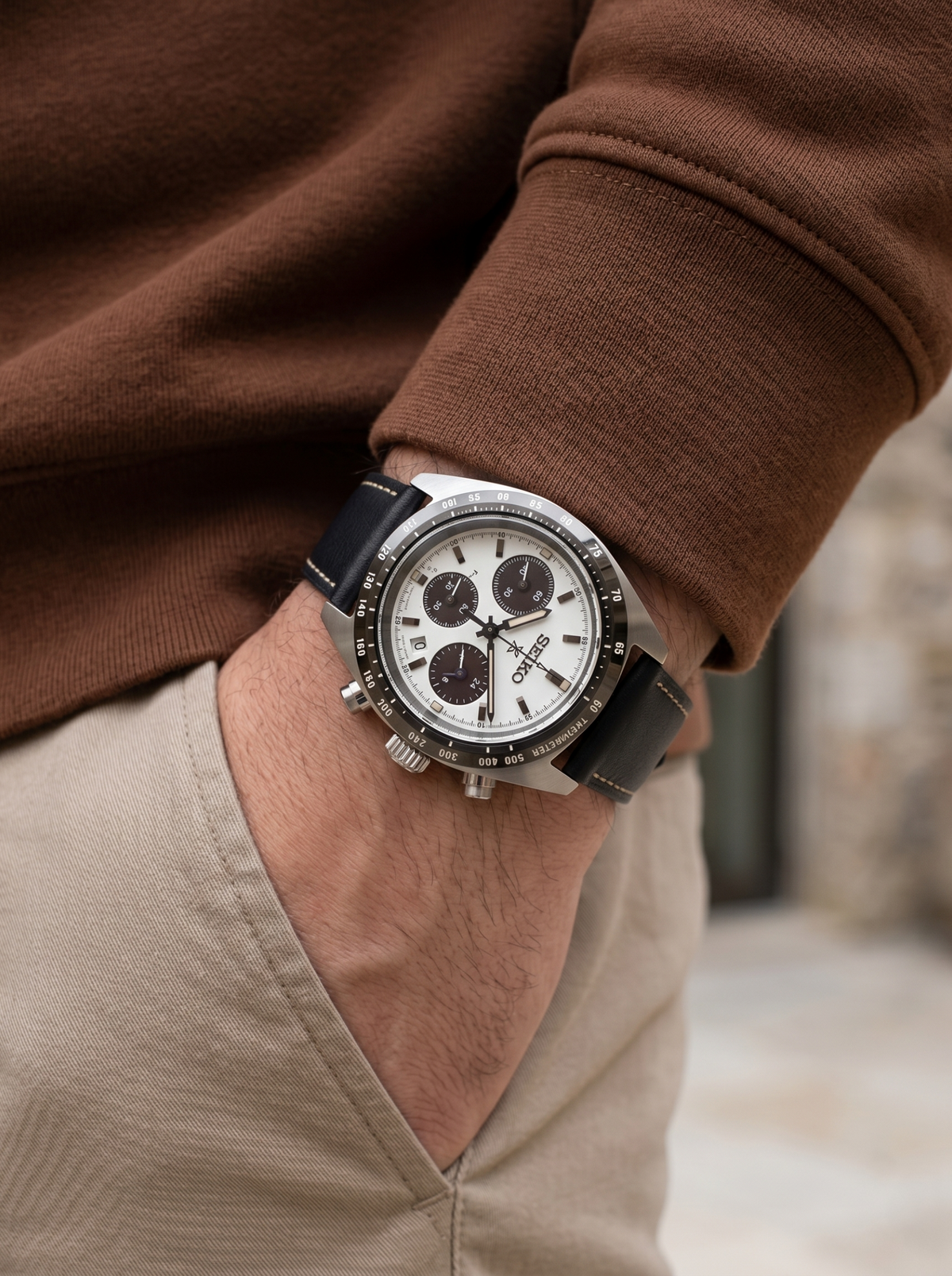 Black full grain Italian leather watch strap on Seiko
