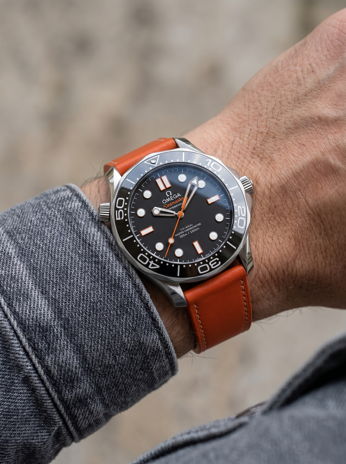 Orange full grain Italian leather watch strap on Omega
