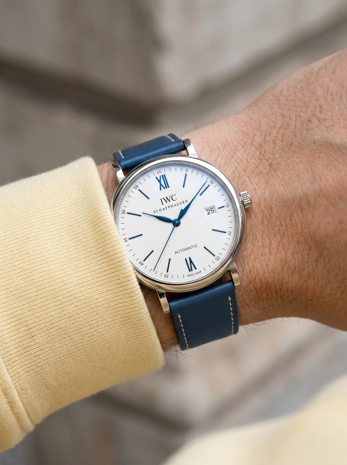 Blue full grain Italian leather watch strap on IWC