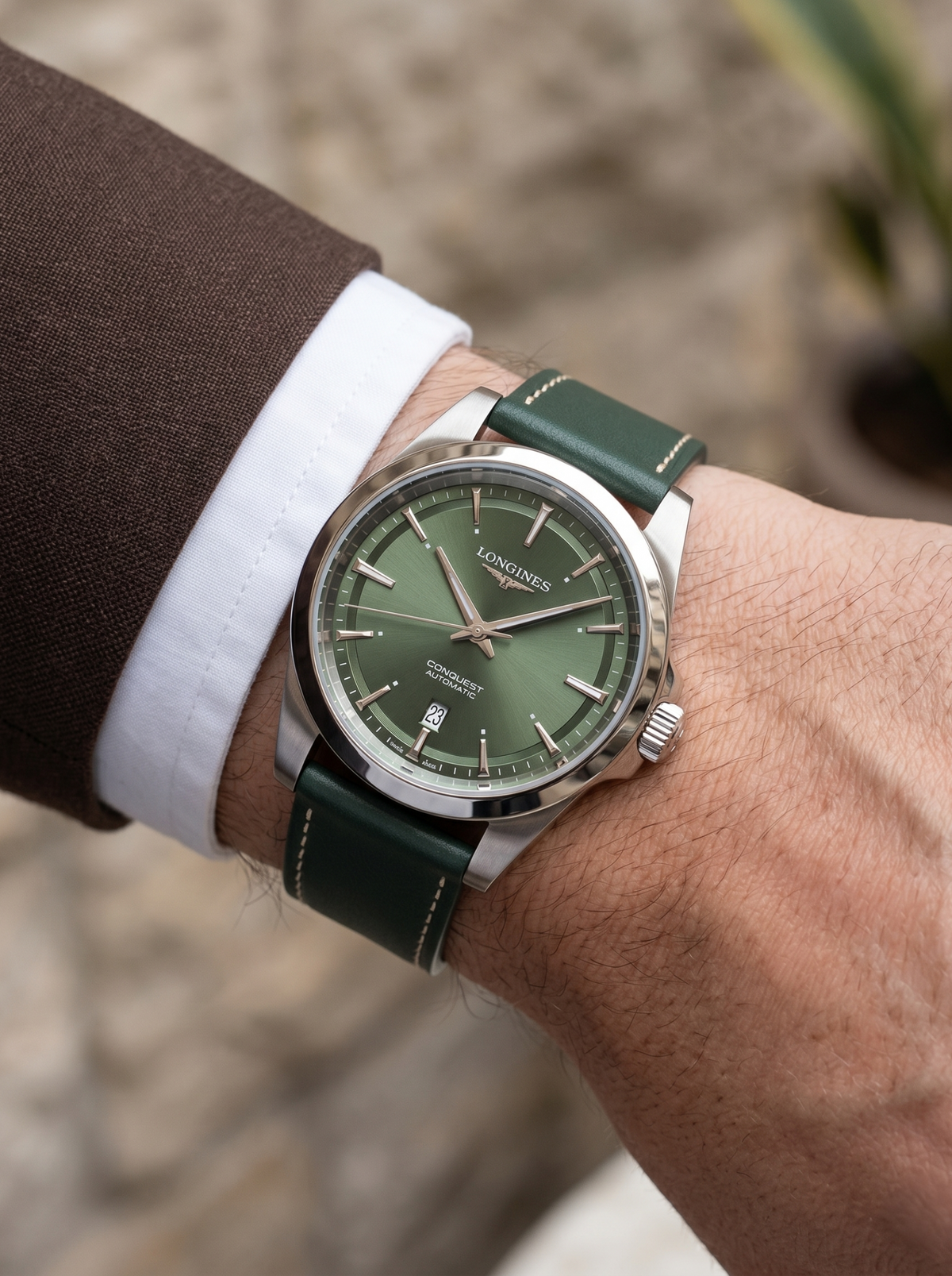 Green full grain Italian leather watch strap on Longines